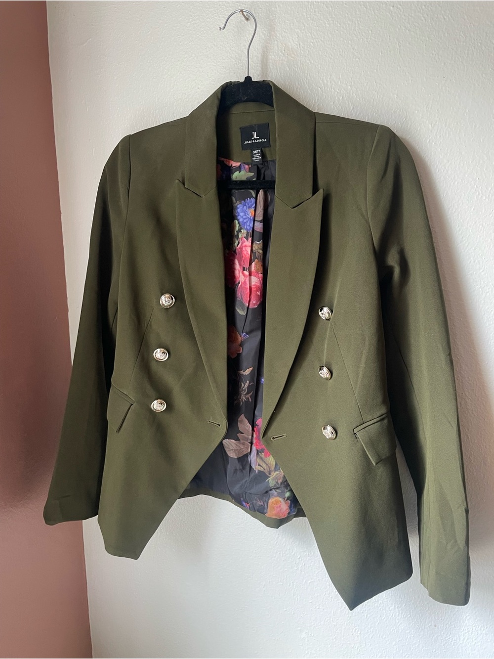 Jules & Leopold Olive Green Double-Breasted Blazer with Floral Lining
